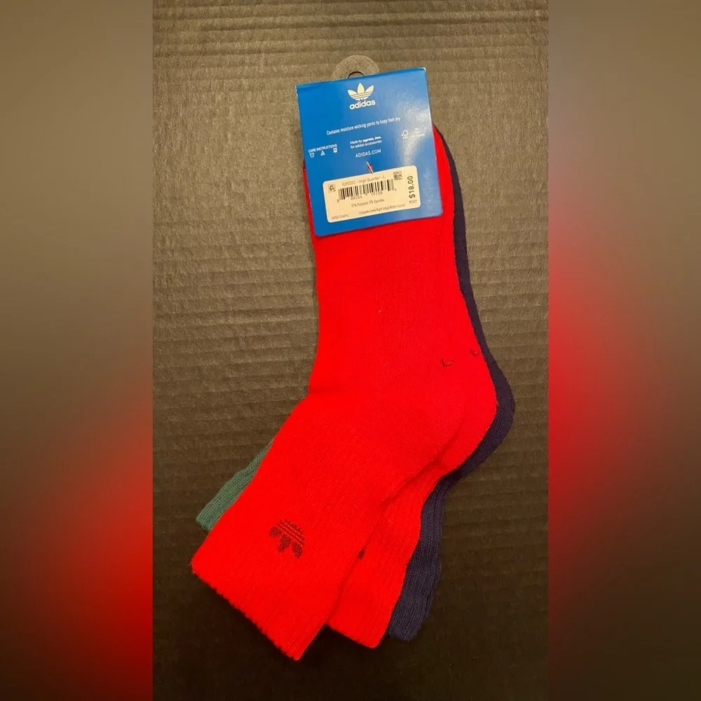 Adidas 3 Pack High Quarter Socks Men's Size Large (8-12) Green Blue Red